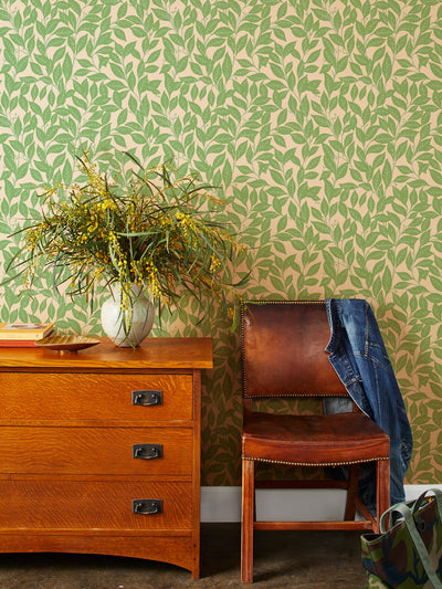 'Orchard Leaves' Kraft' Wallpaper by Wallshoppe - Spring Green