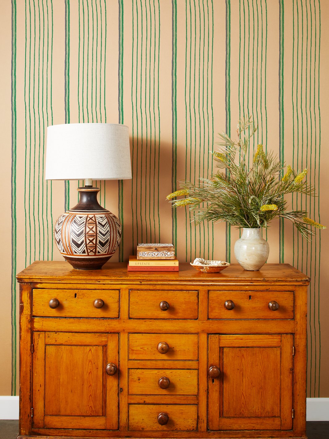 two tone stripe kraft wallpaper by nathan turner green and blue