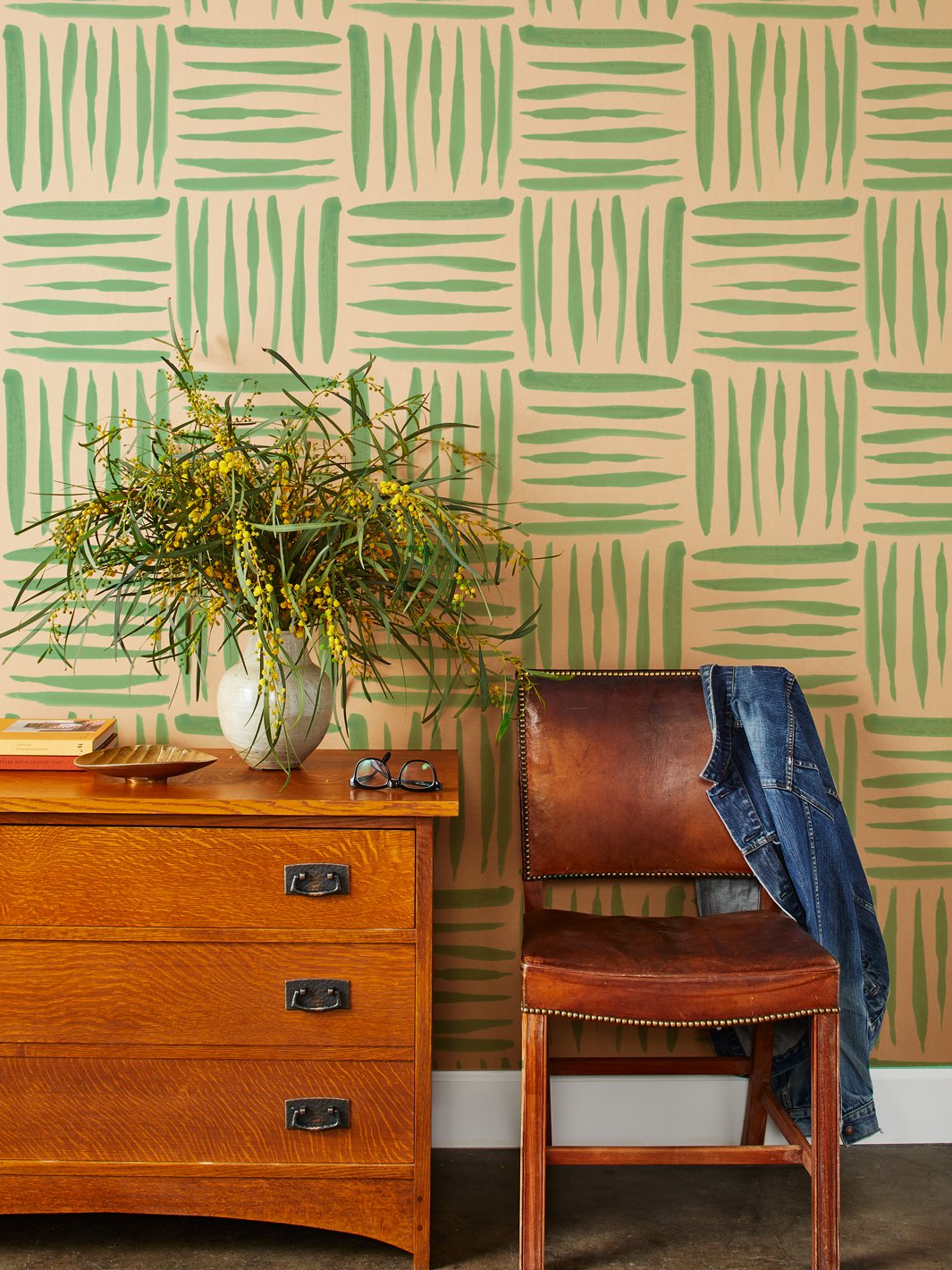 'Watercolor Weave Large' Kraft' Wallpaper by Wallshoppe - Green