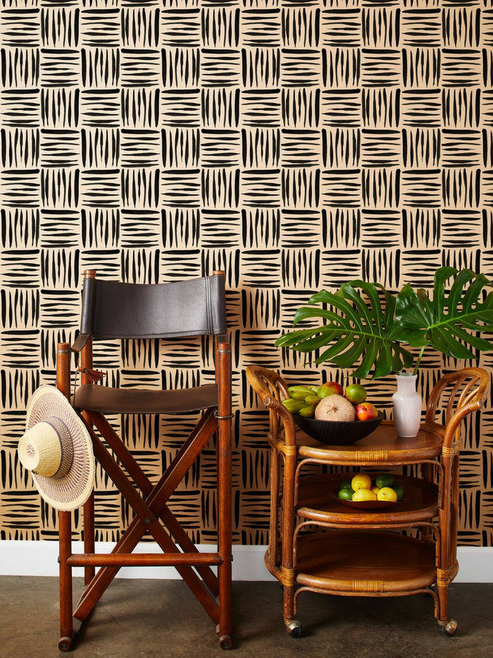 'Watercolor Weave Small' Kraft' Wallpaper by Wallshoppe - Black