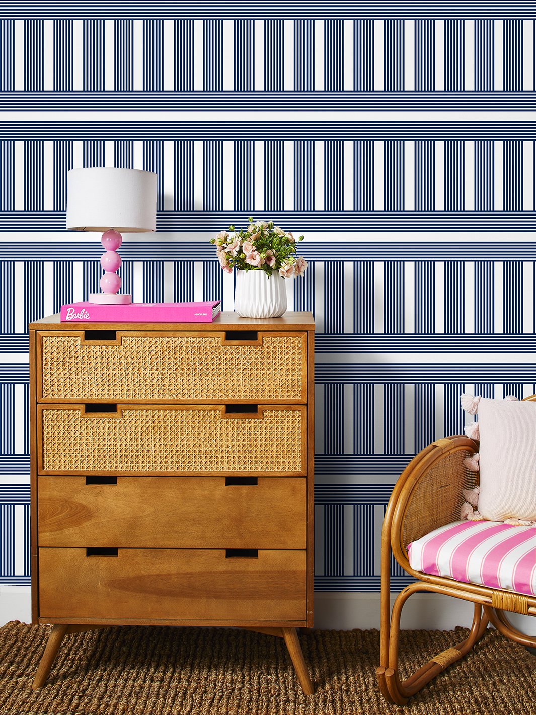 'Roman Holiday Grid' Wallpaper by Barbie™ - Navy