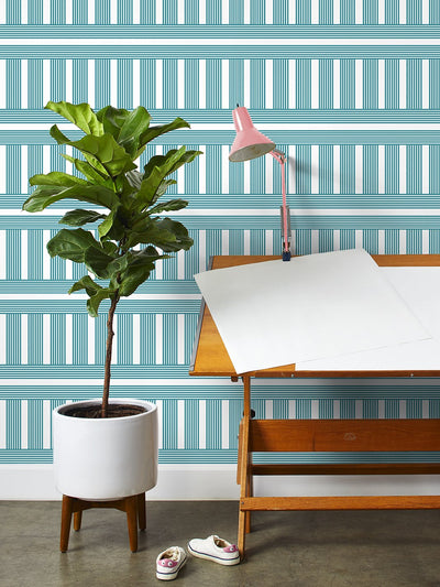 'Roman Holiday Grid' Wallpaper by Barbie™ - Teal