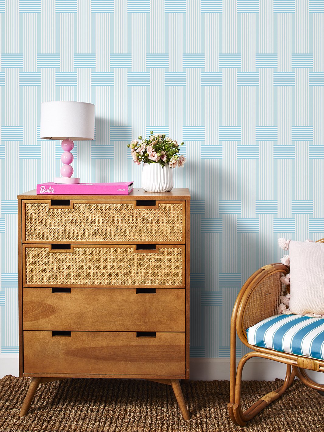 'Roman Holiday Woven' Wallpaper by Barbie™ - Pale Blue