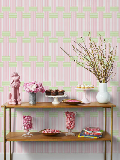 'Roman Holiday Woven' Wallpaper by Barbie™ - Pink Green
