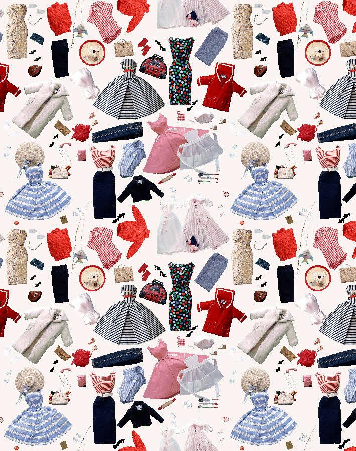 Cream wallpaper pattern with doll clothes: dresses, hats, shoes, and accessories
