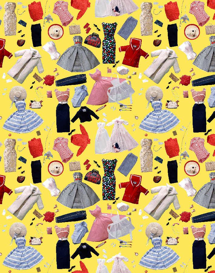 Vintage doll outfit wallpaper with dresses, hats, and accessories collage pattern.