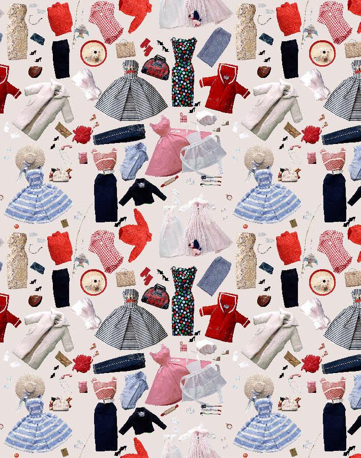 Vintage clothing accessories wallpaper pattern with dresses and hats on light background