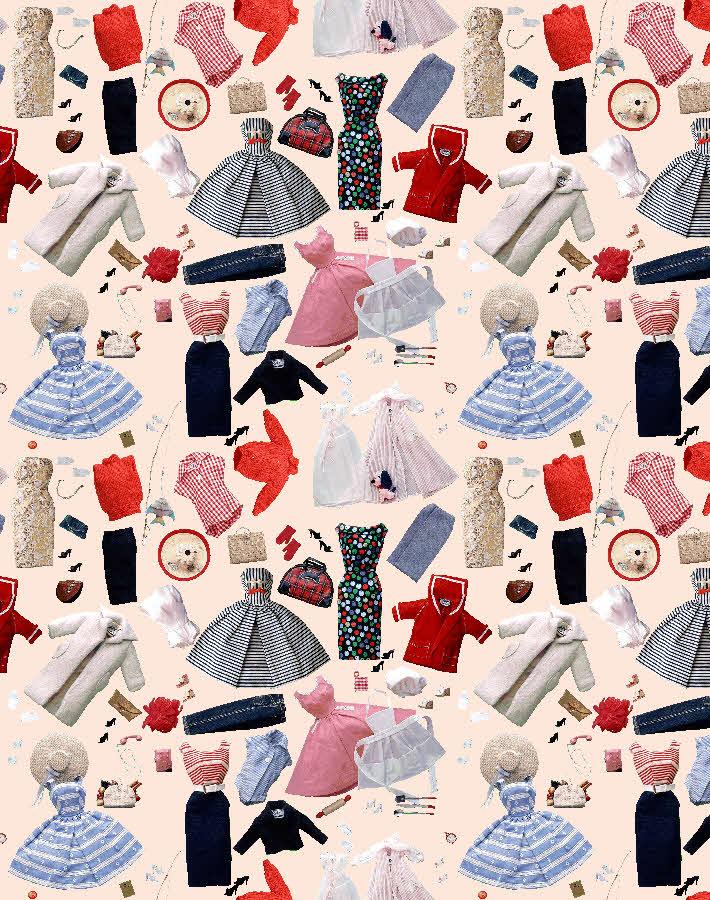 Peach wallpaper with repeating doll clothing and accessories pattern, including dresses and shoes