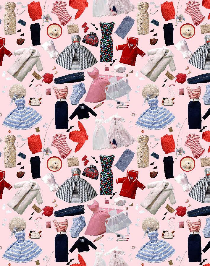 Fashion doll outfit collage wallpaper with dresses, coats, shoes, and accessories