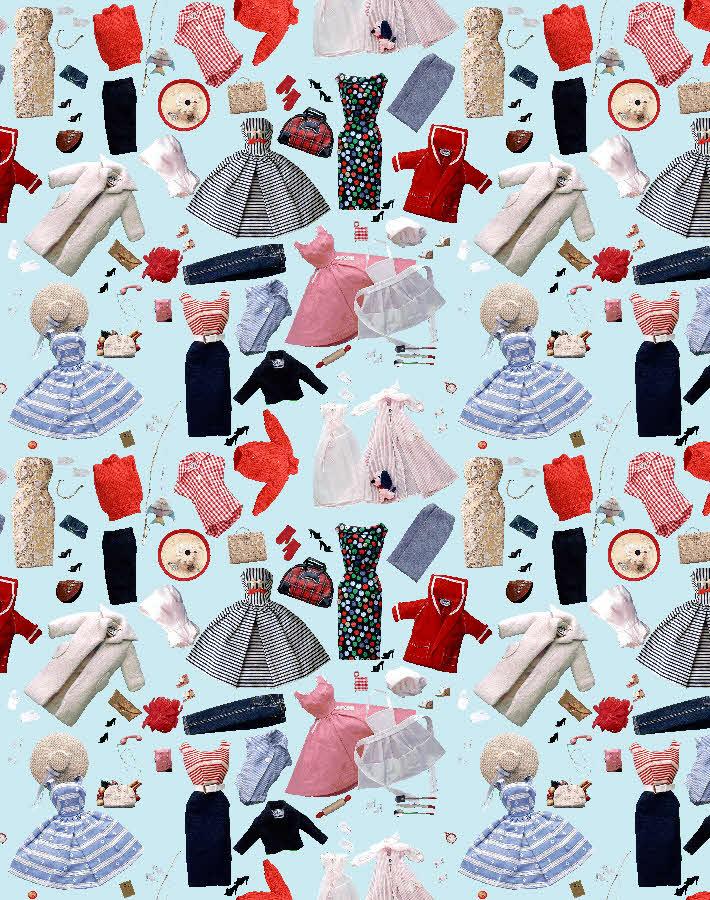 Sky-blue vintage fashion accessories wallpaper with doll outfits and red accents, repeating pattern