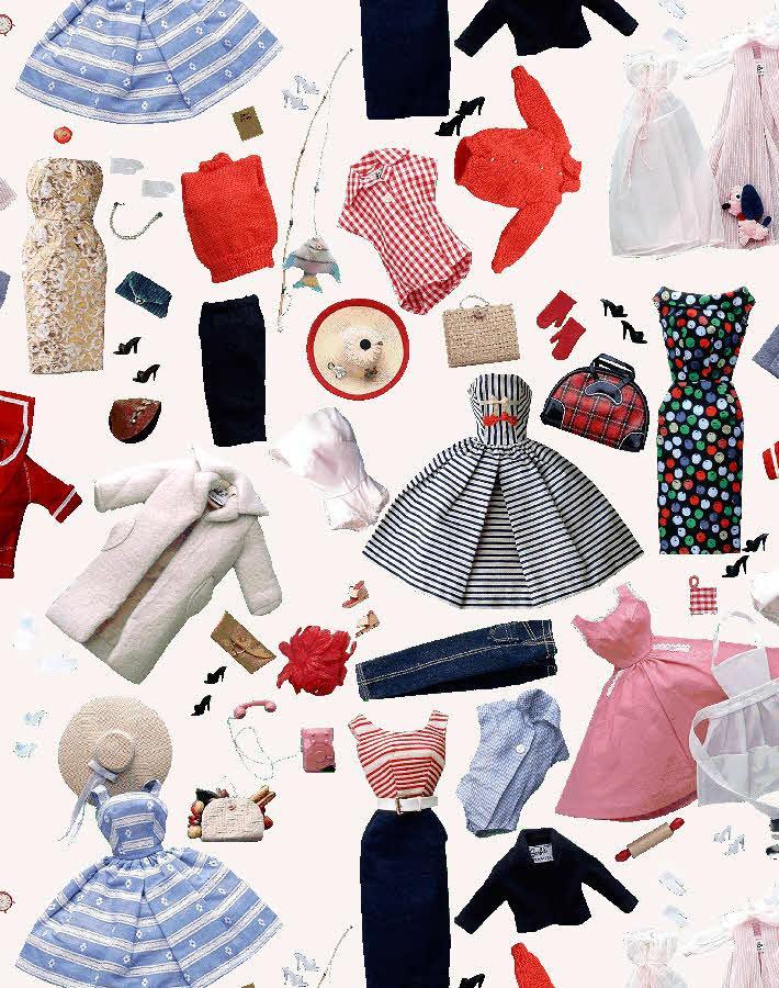 Cream wallpaper close-up with doll garments, striped dress, and accessories pattern