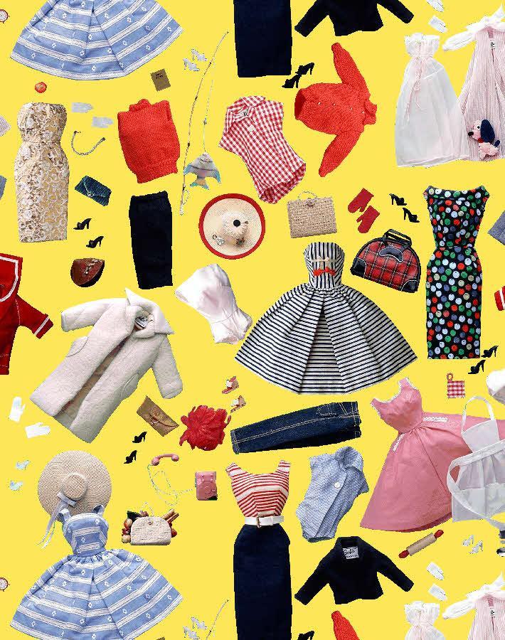 Vintage dress and accessories wallpaper pattern with doll mannequins and outfits.