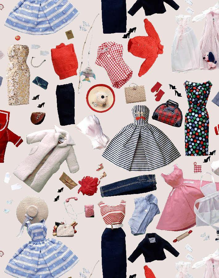 Close-up of vintage clothing accessories wallpaper repeat with blue striped dress and red shoes