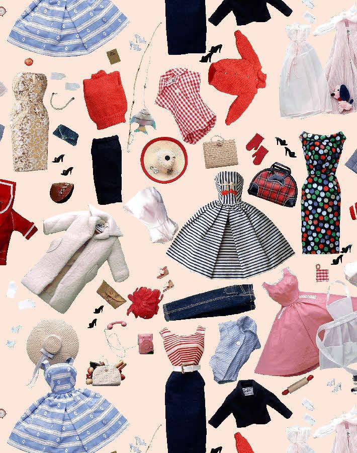 Peach wallpaper close-up with striped blue dress, red accessories, and doll clothing icons