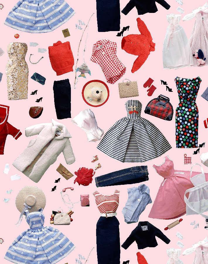 Wallpaper pattern featuring blue striped dress, red outfit, and assorted accessories