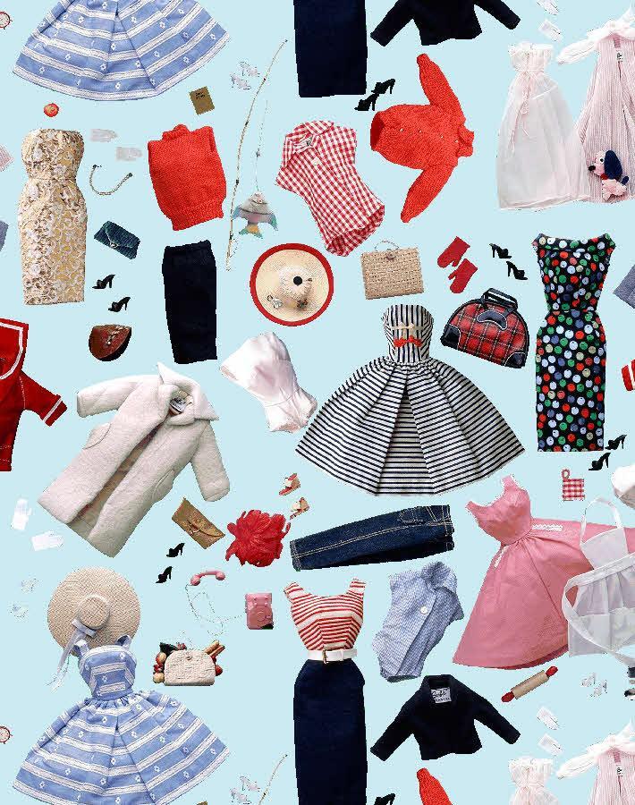 Sky-blue vintage clothing accessories wallpaper close-up with striped dress, red tops, and shoes