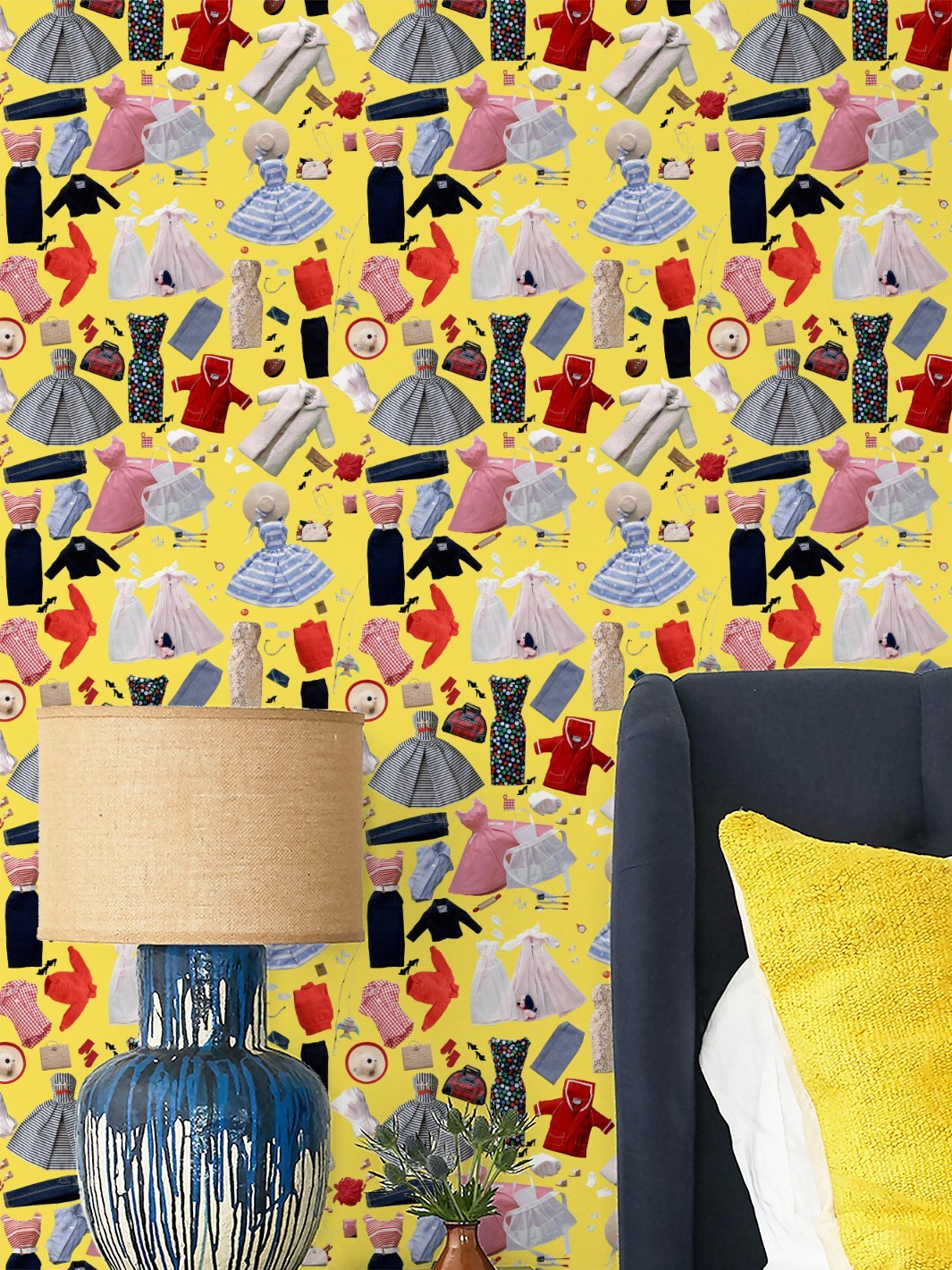 Vintage fashion collage wallpaper pattern with doll dresses, shirts, shoes, and hats.