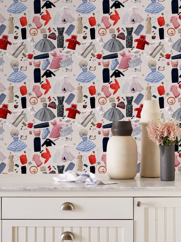 Vintage clothing accessories wallpaper featuring colorful dresses, shoes and hats repeat pattern