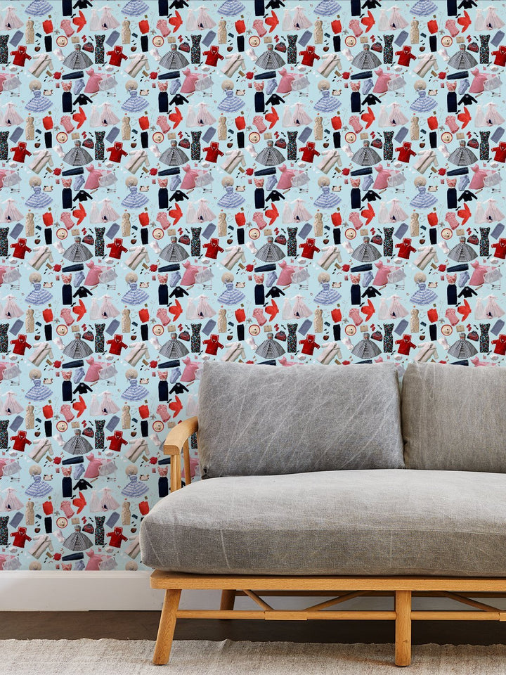 Sky-blue vintage fashion accessories wallpaper pattern with dresses, boots, and hats, repeating