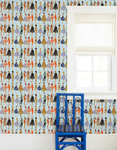vintage illustration wallpaper by barbie pale blue