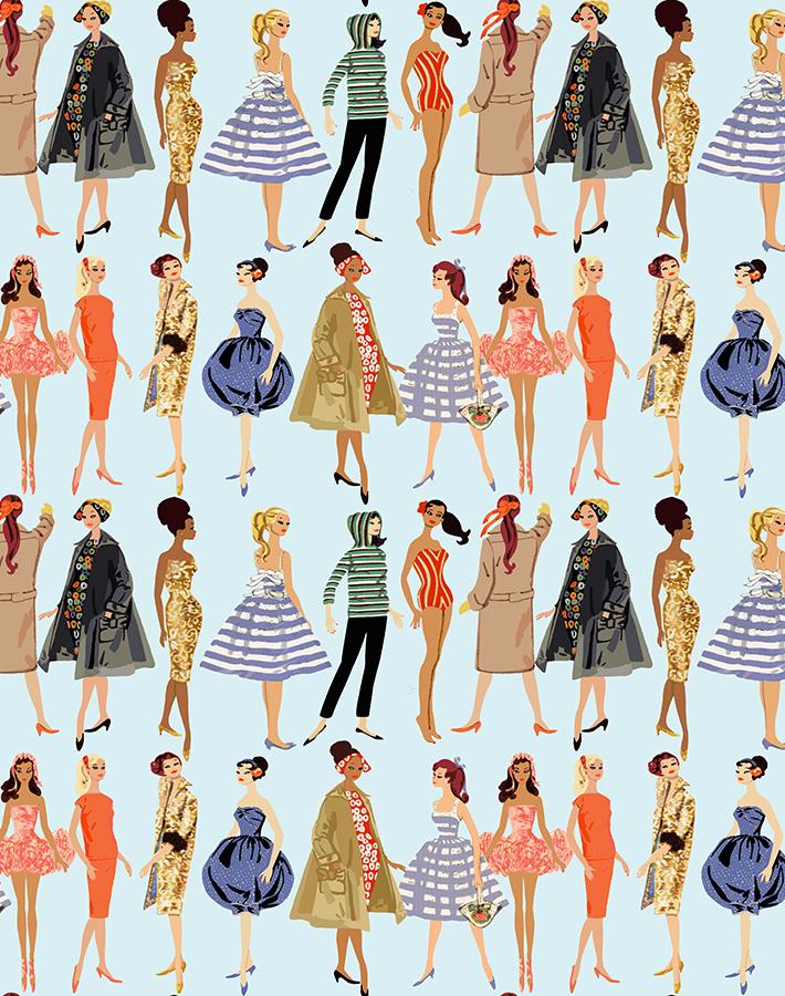 vintage illustration wallpaper by barbie pale blue