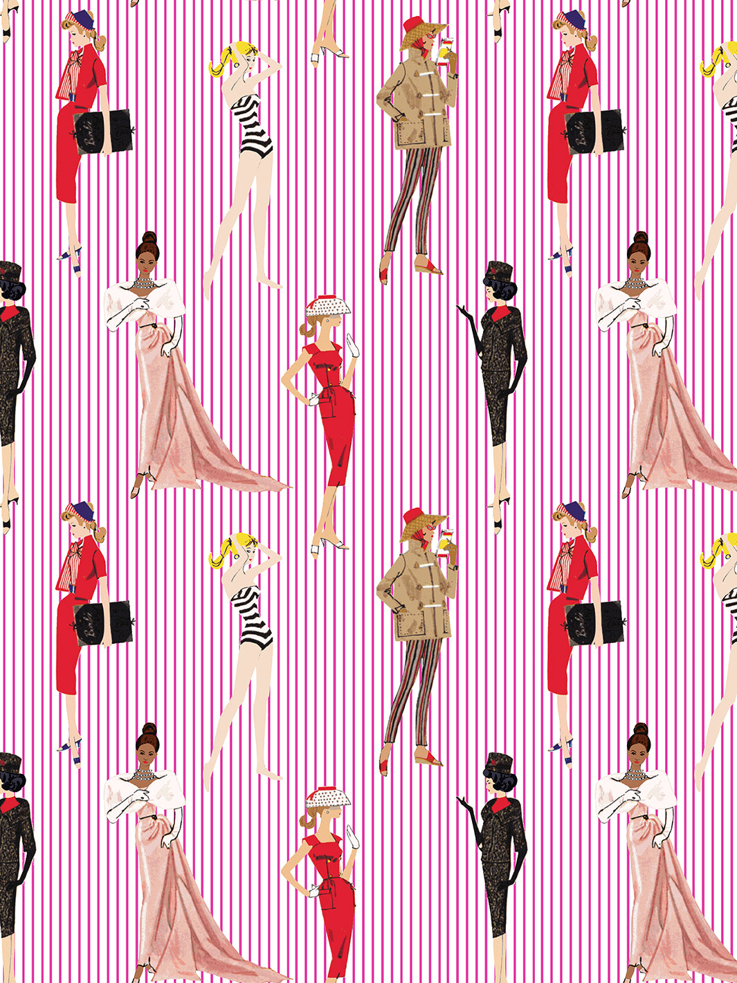 'Vintage Pinstripe' Wallpaper - 219 Barbie™ Pink