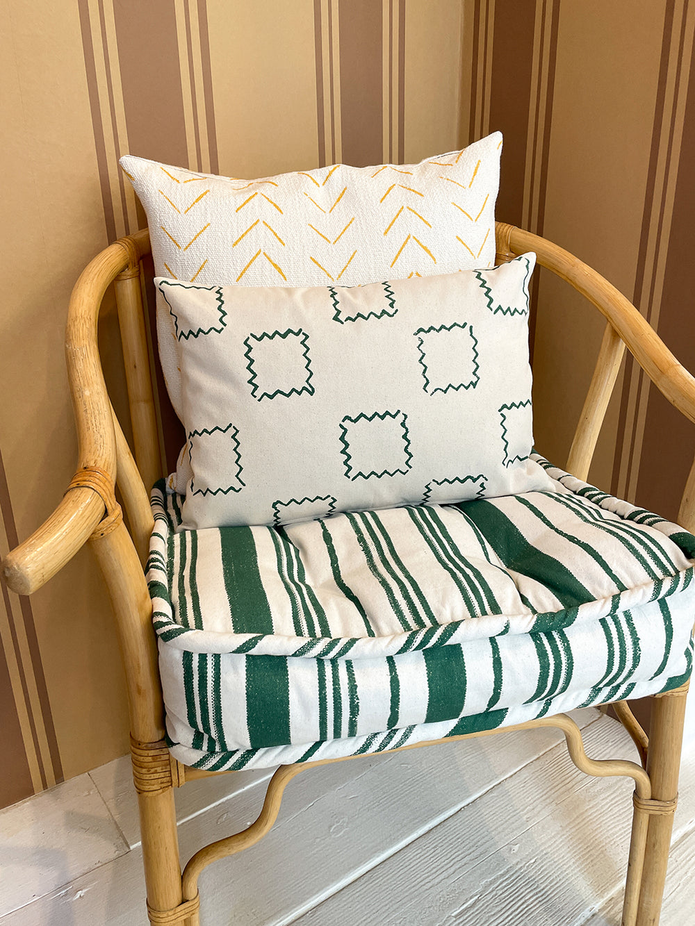 zag squares throw pillow green on raw canvas