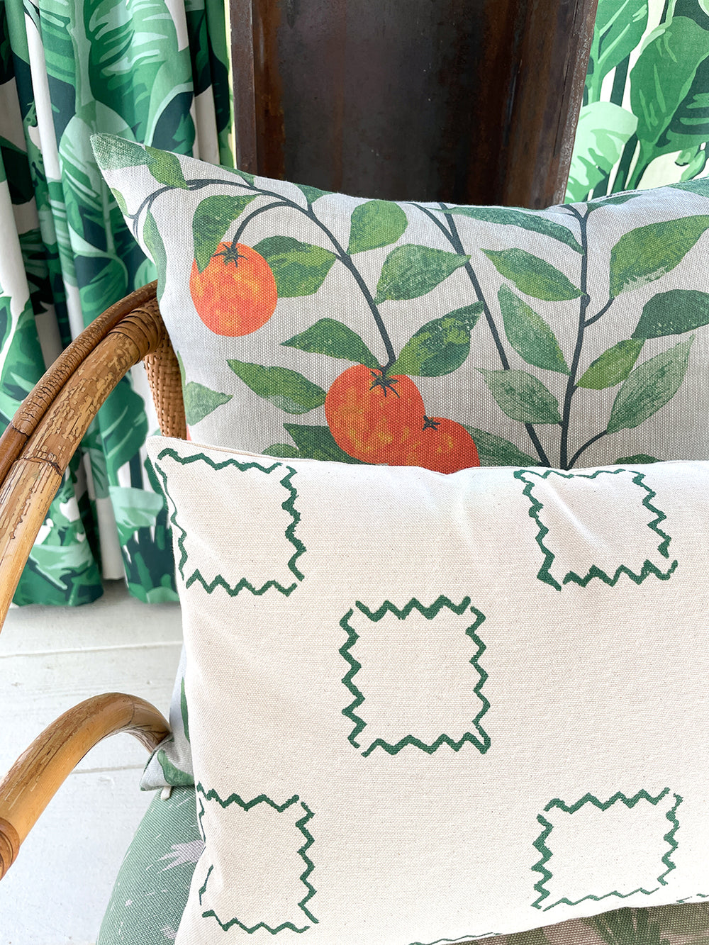 zag squares throw pillow green on raw canvas