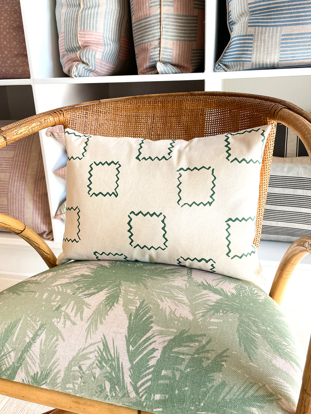fabric by the yard zag squares green on raw canvas